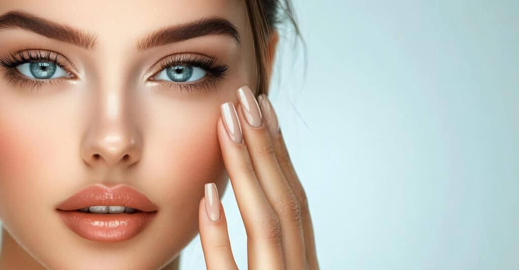 Gros plan d'une femme aux yeux bleus, cils fournis et sourcils soignés. Sa main aux ongles longs et vernis touche sa joue.
