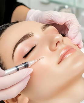 Femme apaisée recevant une injection esthétique de filler sous l'œil, réalisée par un professionnel ganté en clinique de beauté.