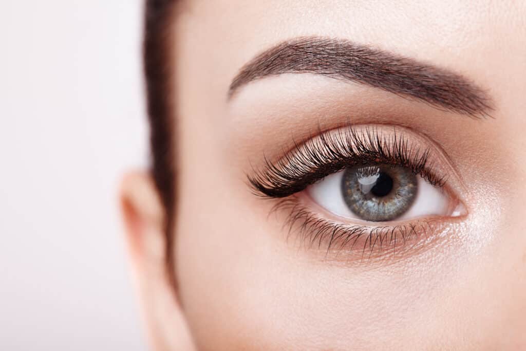 Gros plan d'un œil de femme avec des cils longs et volumineux, iris gris-bleu clair et sourcil foncé soigné. Beauté du regard.