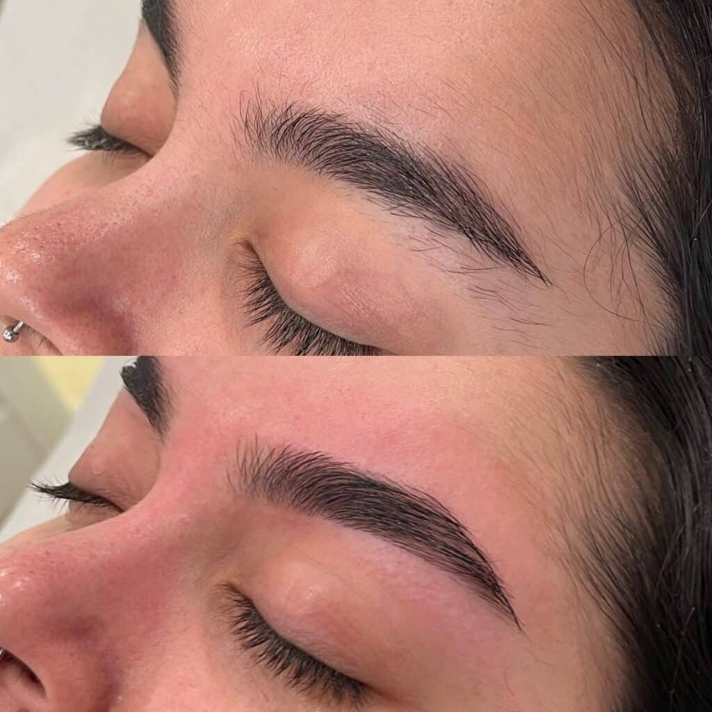 Avant/après browlift : sourcils disciplinés, brossés vers le haut et structurés – Soulef Esthétique Toulouse